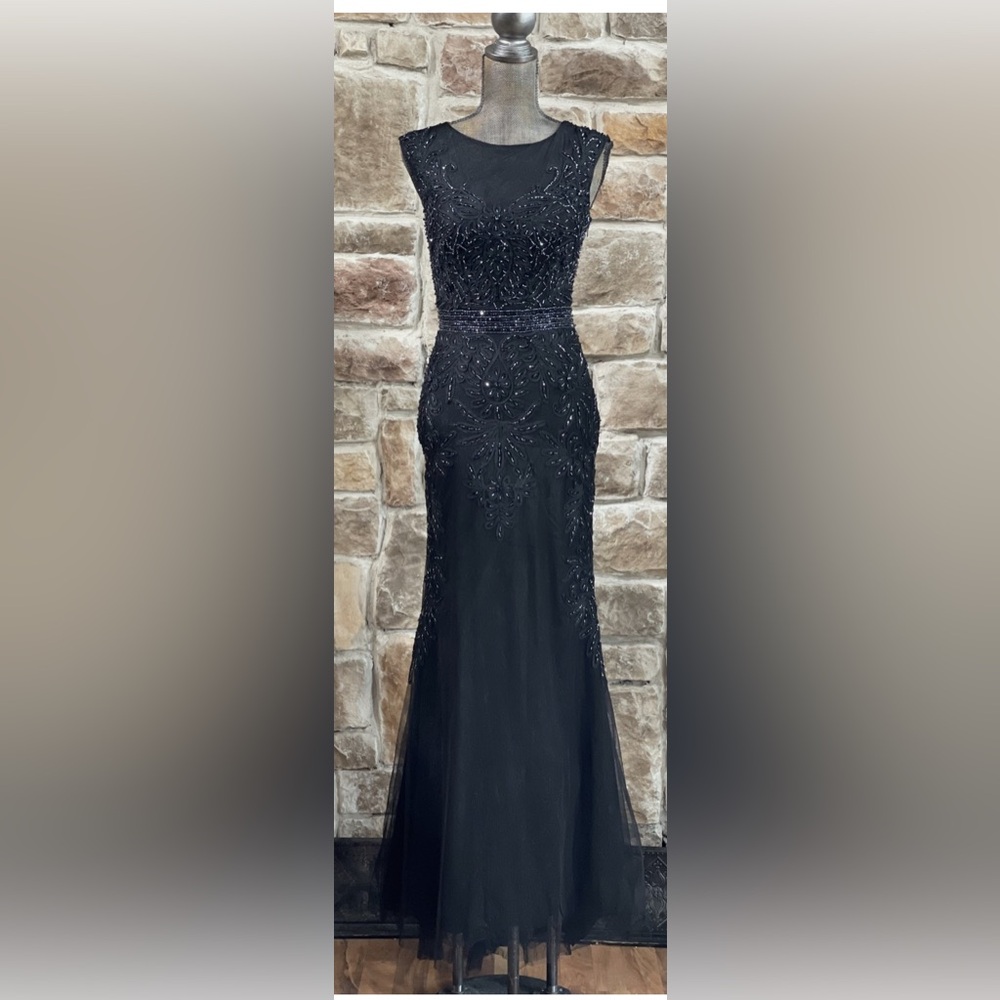Elegant Black Mesh Embellished Tulle Mermaid Gown,